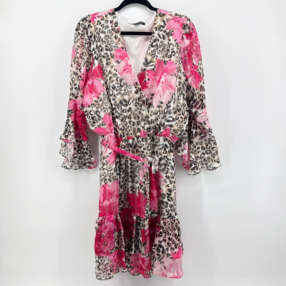 Boston Proper Pink Floral & Leopard Print Midi Dress
